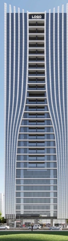 Architectural render of a slender high-rise residential tower with curved vertical fins